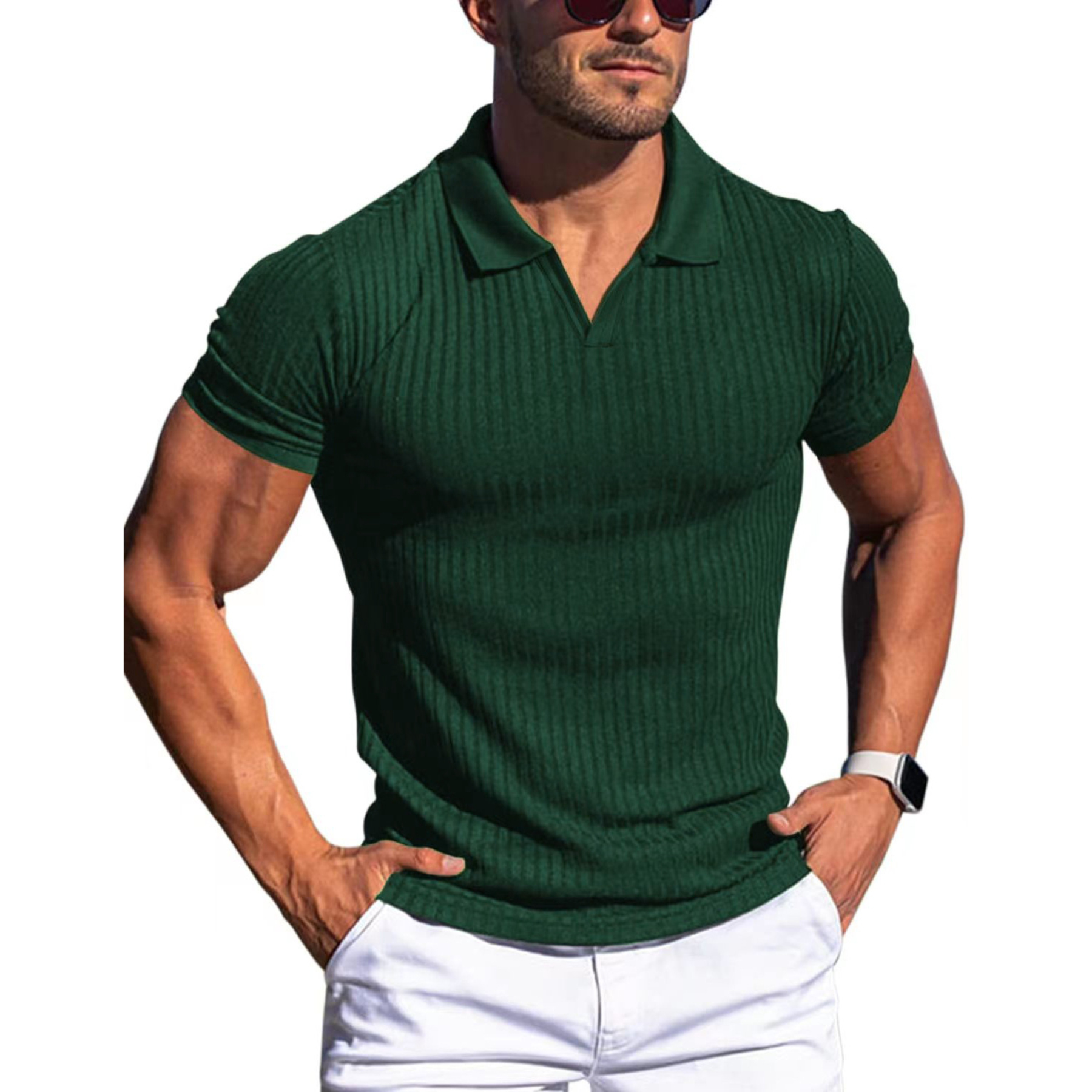 Collar vertical stripe short sleeved men's T-shirt polo shirt